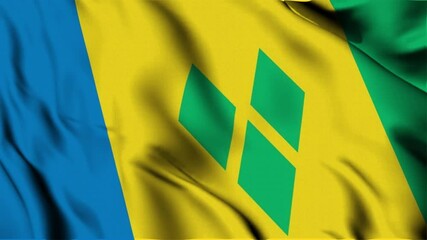 3D animation of the national flag of Saint-Vincent and the grenadines waving in slow motion. Close-up view with realistic fabric texture in 4K resolution. Ideal for Independence Day, patriotic videos.