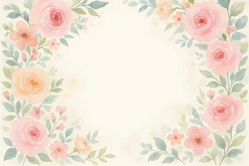 Vintage floral background with romantic pink roses, elegant frame, and decorative hearts for a wedding or Valentine's Day card design