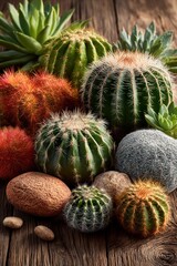 Succulents and cacti on wood