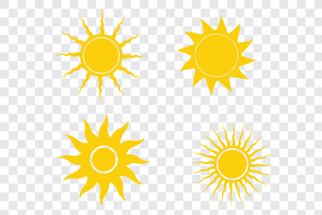 Sun icon set. Vector flat design. Collection of sun stars for use in as logo or weather icon. Yellow suns circles, bright natural lighting objects.