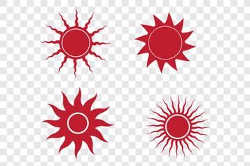Sun icon set. Vector flat design. Collection of sun stars for use in as logo or weather icon. Yellow suns circles, bright natural lighting objects.