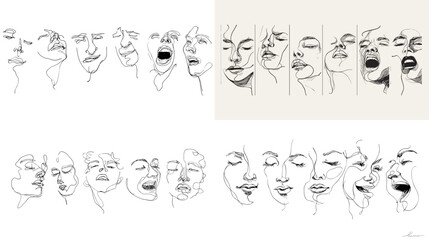 Expressive abstract one-line illustrations of diverse human facial expressions capturing emotion and movement in a minimalist continuous line art style.

