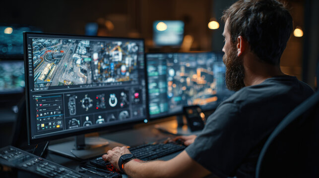A man monitors multiple screens displaying maps and data in a dark room, focused on analyzing urban or traffic information.