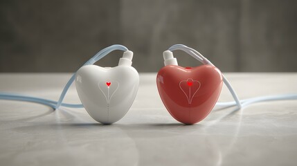 Heart-Shaped Earbuds in White and Red with Blue Wires on a Light Marble Surface