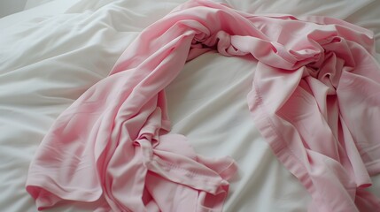 Soft Pink Fabric Draped Elegantly on White Bed Linen in a Bright Interior Setting