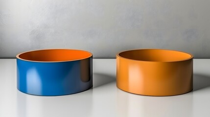 Colorful Round Bowls in Blue and Orange on a Minimalist Surface with Gray Background
