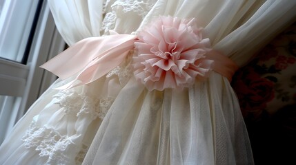 Elegant Window Drapery with Soft White Fabric and Delicate Pink Flower Embellishment