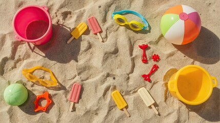 Flat Lay of Kids' Colorful Summer Beach Toys on Sand