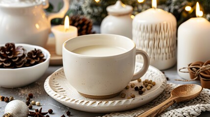 Cozy Winter Arrangement with Cup of Milk, Candles, and Decorative Elements on Table