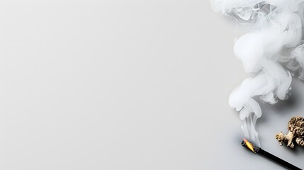 Smoke Rising from a Burning Cigarette with Ashes on a Soft Grey Background