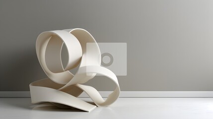 Abstract Sculptural Design of White Curved Strips Against Minimalist Gray Wall Background