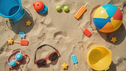 Flat Lay of Kids' Colorful Summer Beach Toys on Sand
