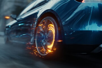 Dynamic close-up of a sporty blue car wheel in motion, showcasing dramatic sparks flying as it accelerates on a rain-soaked road at dusk