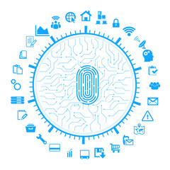 Cloud computing concept with fingerprint and cybersecurity icons, representing data protection, privacy, and digital network security