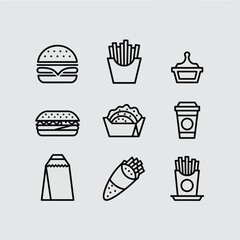 Fast Food Icons Set in Black Line Style on Light Background