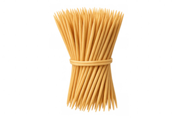 Numerous wooden toothpicks are bundled and tied together with a string, isolated on a transparent background, ready for use