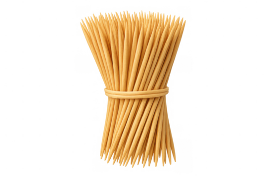 Numerous wooden toothpicks are bundled and tied together with a string, isolated on a transparent background, ready for use