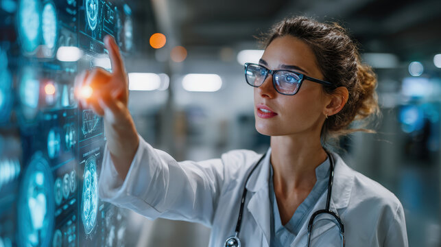 AI for healthcare workflow, A female doctor wearing glasses interacts with a futuristic digital medical interface displaying brain scans in a high-tech hospital setting. - Powered by Adobe