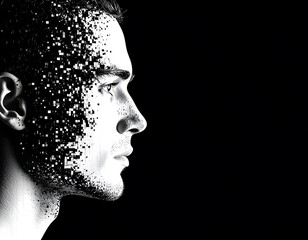 A human face glitched with pixel noise and distortion, ideal for modern or digital world-themed quotes.