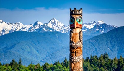 Lonely totem pole against a blue mountain backdrop