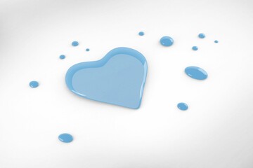 3D-rendered glossy blue heart-shaped drop is resting on white seamless surface with smaller drops