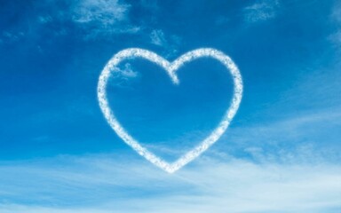 Flat design showing bright blue sky forming heart-shaped cloud amid wispy cloud streaks