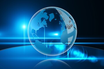 3D-render glass Earth globe floating over reflective base showing continents with neon-blue flares