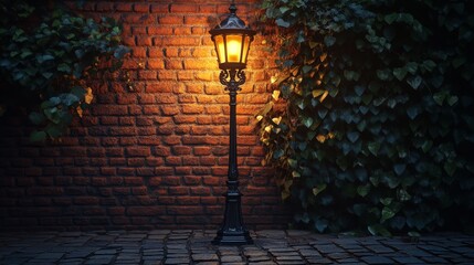 antique wrought iron garden lamp post with ornate Victorian scrollwork details, emitting warm amber glow across cobblestone pathway, gothic-inspired finial top, weathered black metallic finish,