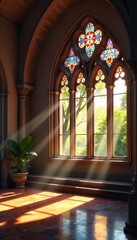 Fototapeta premium Sunlit Stained Glass in Spiritual Retreat Peaceful Atmosphere of Contemplation and Inner Peace