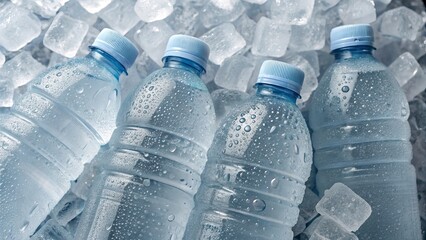 Four clear plastic condensation water bottles above ice cubes. Suitable for marketing or business purposes