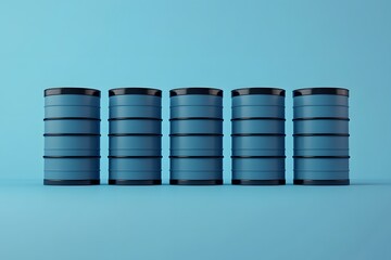 Five blue barrels with black accents arranged in a row against a turquoise background illustrating a modern minimalist design
