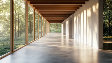 Fototapeta premium minimalist open concept hallway with floor-to-ceiling windows, exposed concrete flooring with matte finish, wooden slatted ceiling beams, pure white walls extending to infinity, dramatic natural