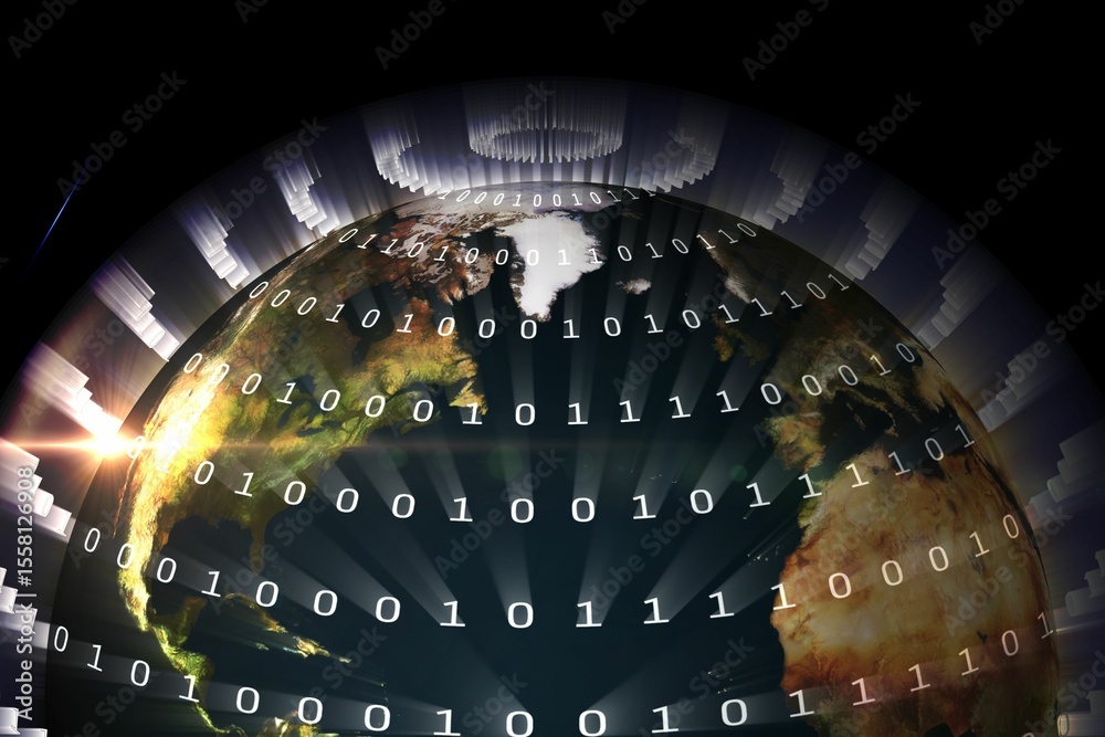 Poster 3d render is showing earth wrapped with binary code, bright flare and radial data bars