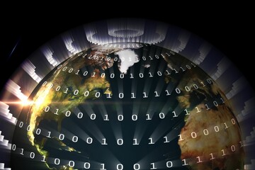 3D render is showing Earth wrapped with binary code, bright flare and radial data bars