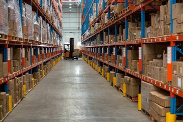 Forklift loading cardboard boxes in warehouse
