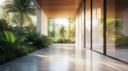 Fototapeta premium sleek minimal corridor design with industrial concrete floors, warm wooden ceiling planks creating linear rhythm, stark white walls meeting glass facade, lush tropical garden view, soft diffused