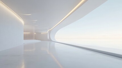 minimal empty white room interior, recessed ceiling spotlights, pure white walls extending to horizon, subtle light circles on wall surface, pristine white floor with slight reflection, architectural