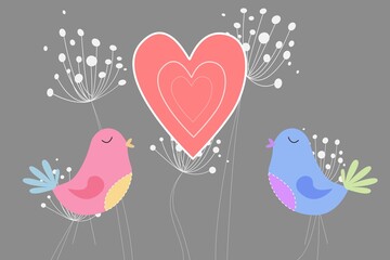 Love birds with heart and dandelions