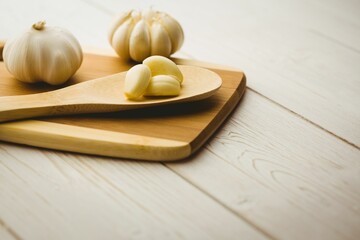 High angle view of garlic cloves and bulb