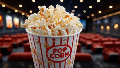Popcorn in a red and white striped container in a movie theater