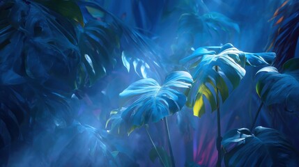 Vibrant Blue Tropical Leaves in Mist