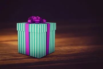 Gordijnen Flat design mint green striped gift box is sitting on wooden tabletop, with purple ribbon bow © vectorfusionart