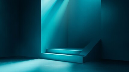 Obraz premium Elegant geometric studio scene with teal blue gradient lighting, minimalist abstract corner setup, sharp angular shadows on smooth surfaces, luxury product display platform, sophisticated