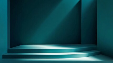 Obraz premium Sophisticated abstract interior corner bathed in cyan illumination, geometric minimalist product display area, luxury showroom mockup with angular shadows, deep teal lighting creating mood