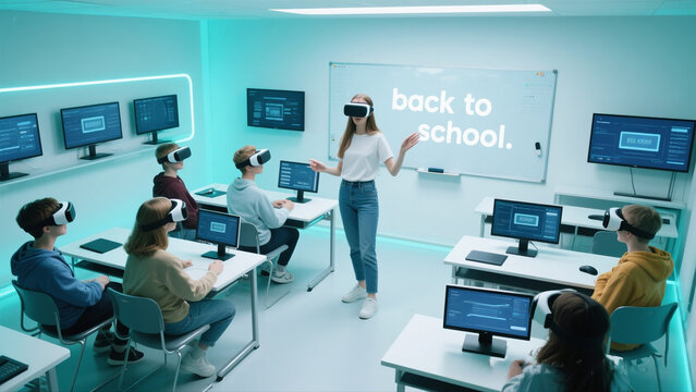 a female student is presenting in front of the classroom using VR glasses. the classroom whiteboard says back to school. futuristic classroom vibe