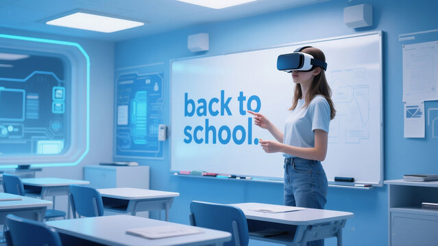 a female student is presenting in front of the classroom using VR glasses. the classroom whiteboard says back to school. futuristic classroom vibe