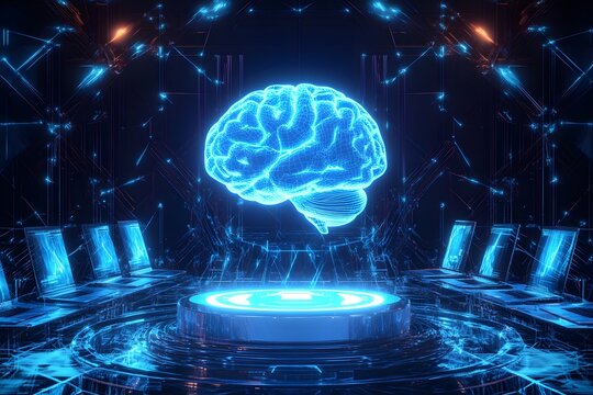 Futuristic depiction of a digital brain floating above a circular platform with laptops suggesting advanced artificial intelligence processing.