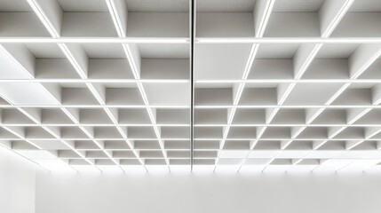 Minimalist white drop ceiling with integrated recessed lighting panels arranged in precise grid formation, modern corporate interior architecture, clean linear ceiling system with subtle textured