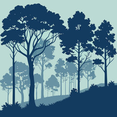 Silhouette illustration of a dense forest with tall trees and a grassy foreground under a light blue sky