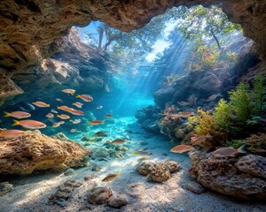 Sunlight streams into underwater cave
